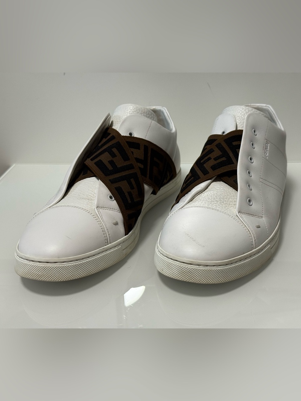 Fendi White Leather Slip-On Sneakers with FF Fendi Logo Cross Strap - Picture 10 of 17